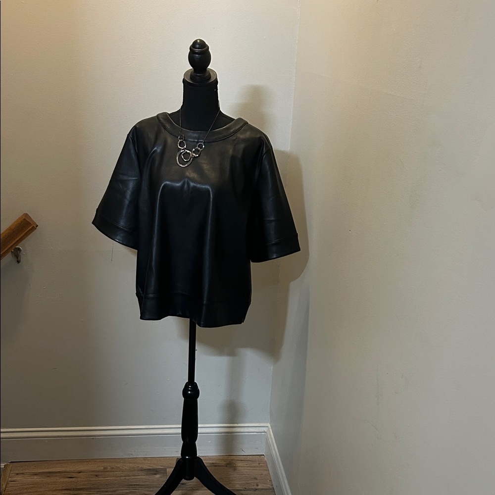 LOFT Black Faux Leather Short Sleeve Top